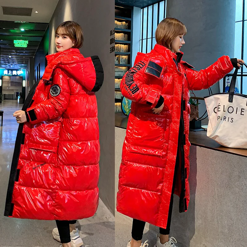 Oversized Women Winter Parka Hooded Long Loose Warm Coat Fashion Letters Bright Face Waterproof Women Down Jacket Trend куртка