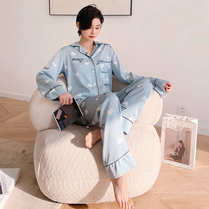 

Shirt Pants Nightsuits Sleep Set Women Long Sleeve Nightgown Suit Turn-down Collar Pajamas Lounge Robe Summer Sleepwear Nighties