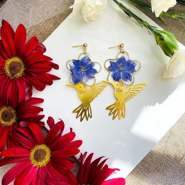 

Real Bird Seeking The Flowers Resin Earrings | Real Flower Studs | Floral Earrings Natural Statement Earrings