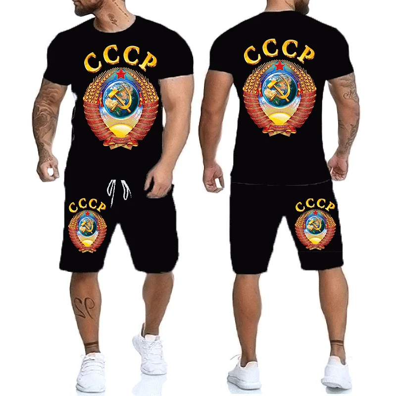 

All new CCCP brand summer T-shirt suit men's short sleeve + shorts 2-piece 3D printing Russian Harajuku jogging fitness suit