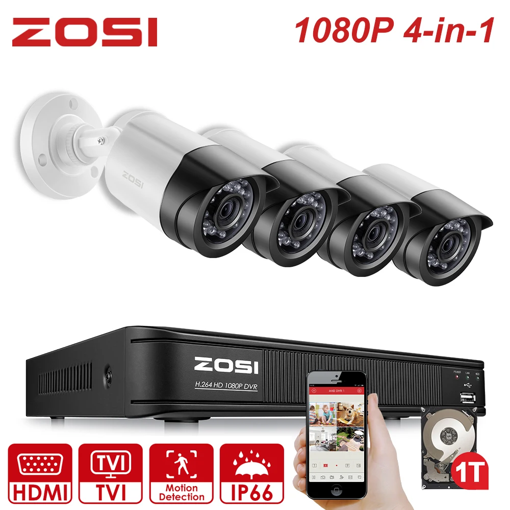 ZOSI 1080P 4 канала CVBS AHD CVI TVI 4-в-1 видеонаблюдения ночного видения безопасности Видео IP камера водонепроницаемая ip-камера наблюдения Системы DVR Kit