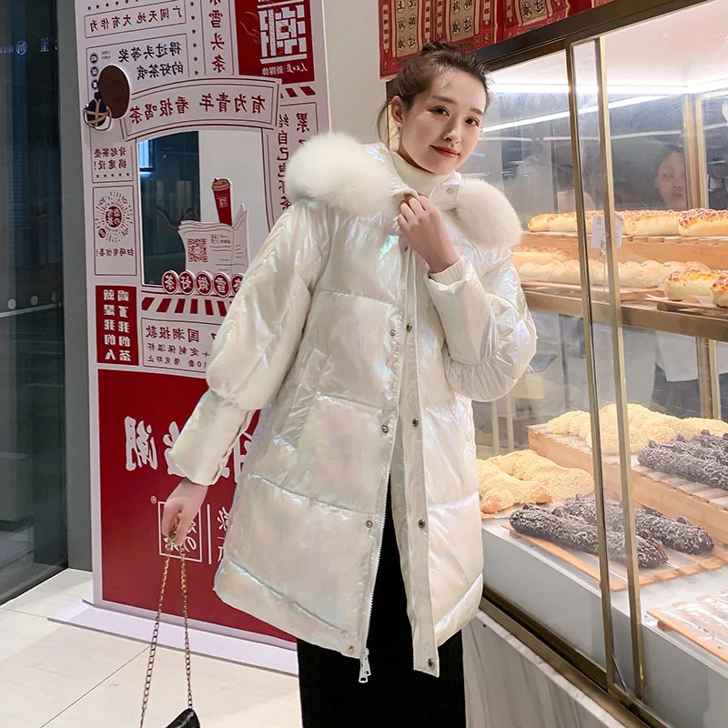 Winter Women White Duck Down Thick Jacket Pockets Large Natural Raccoon Fur Hooded Coats Warm Sleeve Loose Parkas H120502 | Женская