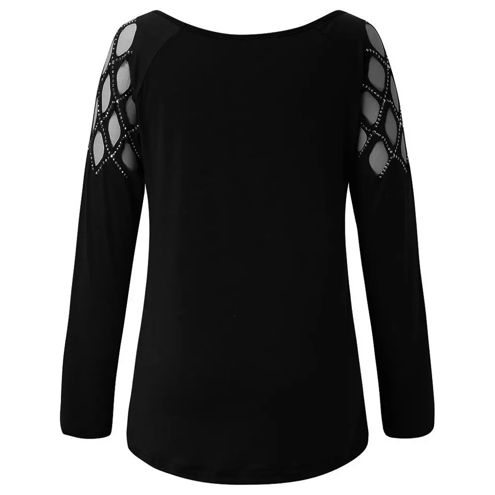 black Женские черные топы для отдыха размера плюс 4xl 5xl с жемчужинами и бусинами, женская футболка с длинным рукавом и круглым вырезом, осенняя повседневная женская футболка - Цвет: black