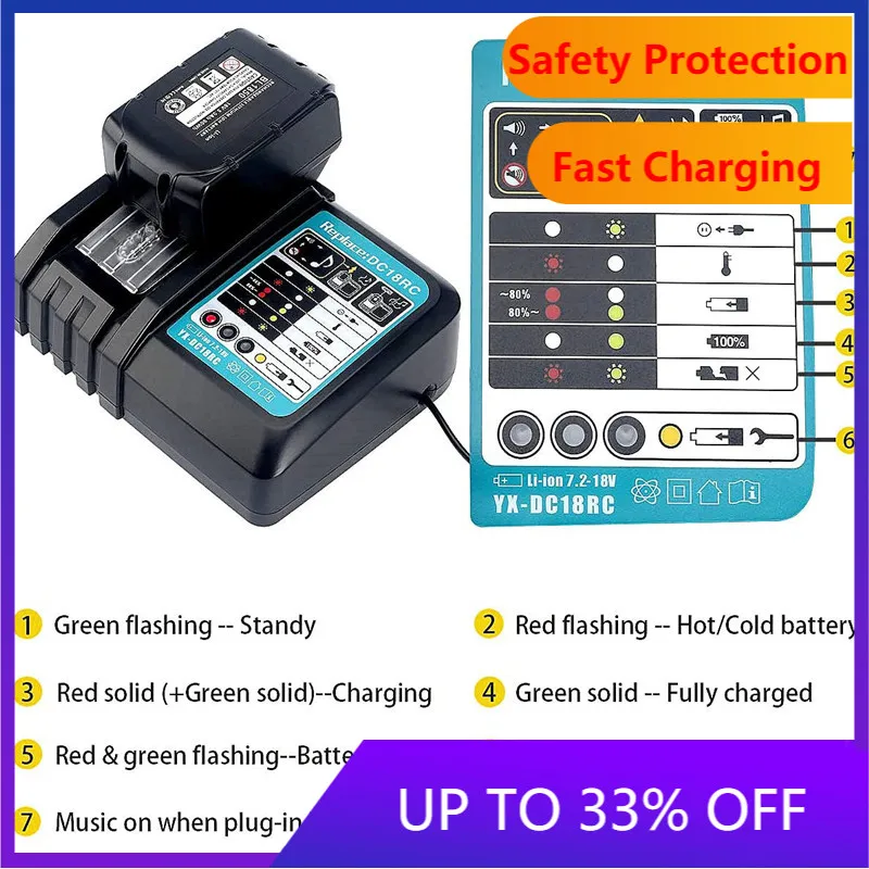 

Hot DC18RCT Li-ion Battery Charger 3A Charging Current for Makita 14.4V 18V BL1830 Bl1430 DC18RC DC18RA Power tool + USB port