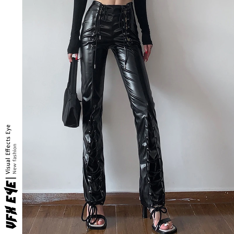 

Новинка, обтягивающие брюки из искусственной кожи с высокой талией, 2022, женские брюки, модная одежда, хипстерские уличные длинные офисные бр...