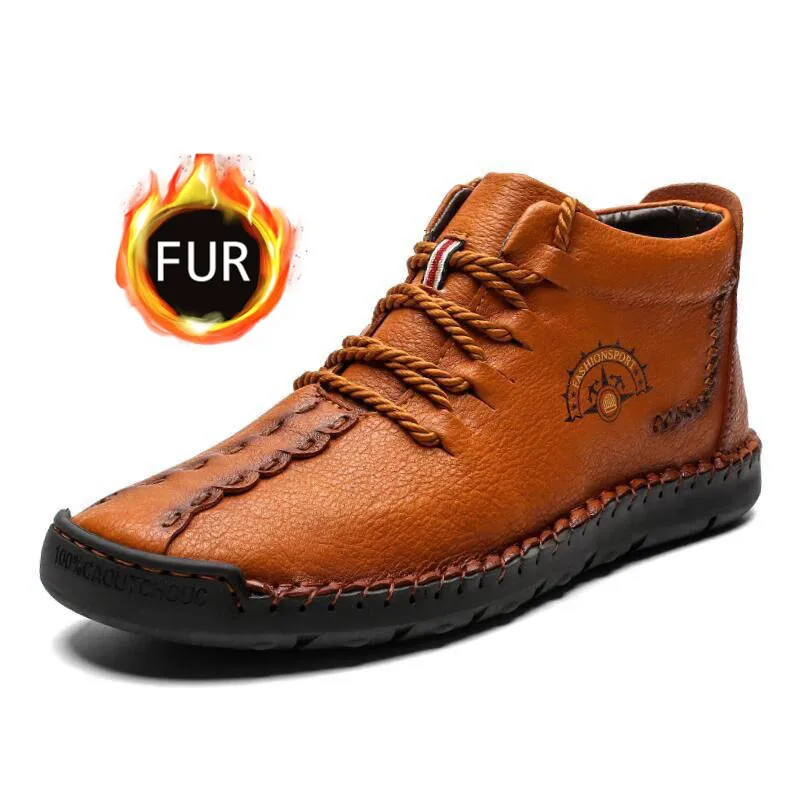 red brown men boots Модные мужские зимние ботинки; теплые зимние ботинки из натуральной кожи; дышащая повседневная мужская обувь на меху; кроссовки; большие размеры 48 - Цвет: red brown men boots