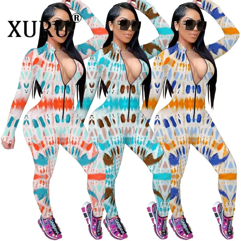 XURU European and American Autumn and Winter New Women's Jumpsuit Leopard Print Stitching Long-sleeved Zipper Printing Jumpsuit