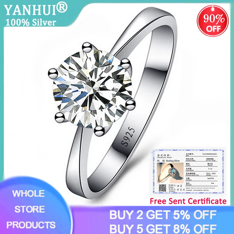 

YANHUI With Certificate Silver 925 Rings Solitaire 1 Carat Zirconia Diamond Wedding Band Gift For Women (Free sent Gift Box))