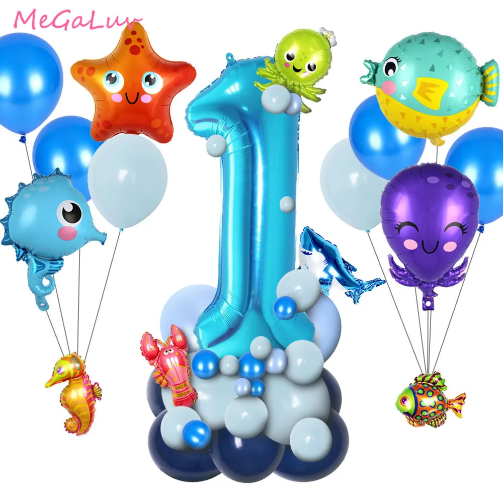 

43pcs Marine Life Theme Party Ocean Sea Animals Foil Balloons Blue Number Balloon Kids Boy Birthday Party Decorations Supplies