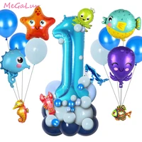 43pcs under the sea party decor ocean animals balloons blue number foil balloon kids happy birthday party decoration baby shower