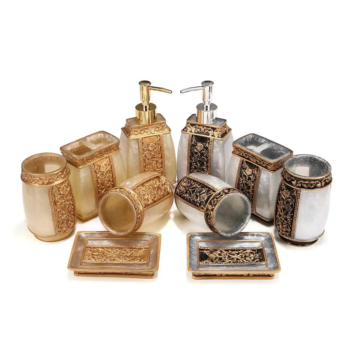 

5Pcs European Granite Resin Bathroom Set Lotion Dispenser Tumbler Toothbrush Holder Soap Dish Tray Mouthwash Cup Household Decor