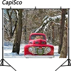 Рождественский красный автомобиль фон для фотосъемки Дерево собака снег венок Зимний лес фон фотобудка для фотосессии Декор