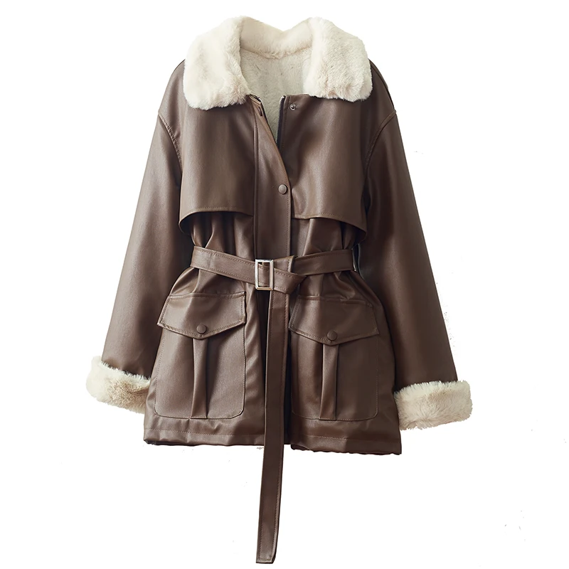 

Clothes Winter 2021 New Korean Pu Fur One-piece Fur Collar Lace Up Plush Jacket Fashion Motorcycle Clothes Women's Coat