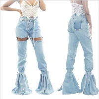 sexy patchwork ripped flare pants women jeans skinny hole long high waist pants female bandage hollow out denim korean pants