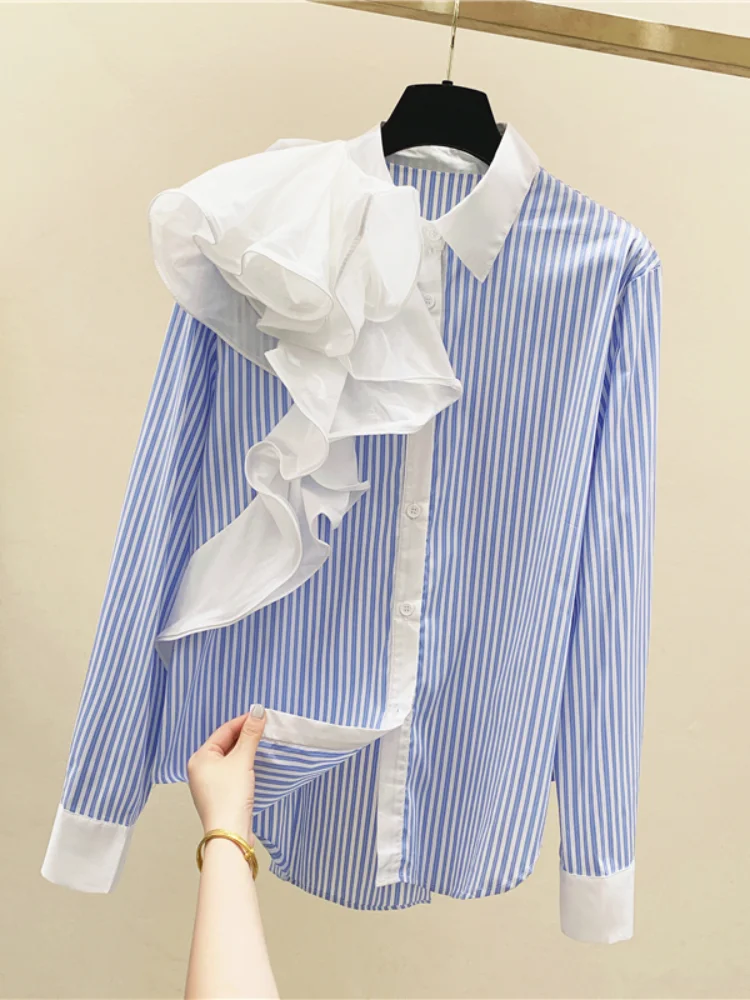 Женские рубашки в синюю полоску с оборками лето 2021 новый модный дизайн офисные