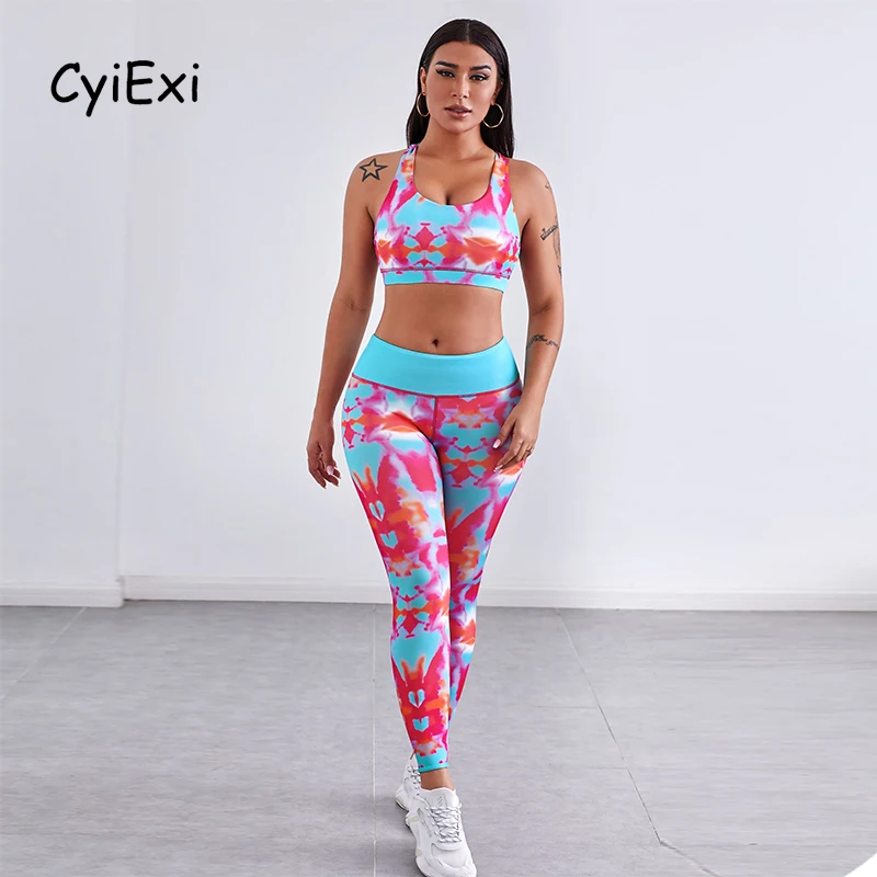 CyiExi размера плюс Tie Dye комплект леггинсов для бега женские спортивные костюмы для тренажерного зала Yo-ga женские Топы Пуш-ап комплект из 2 пред... от AliExpress WW