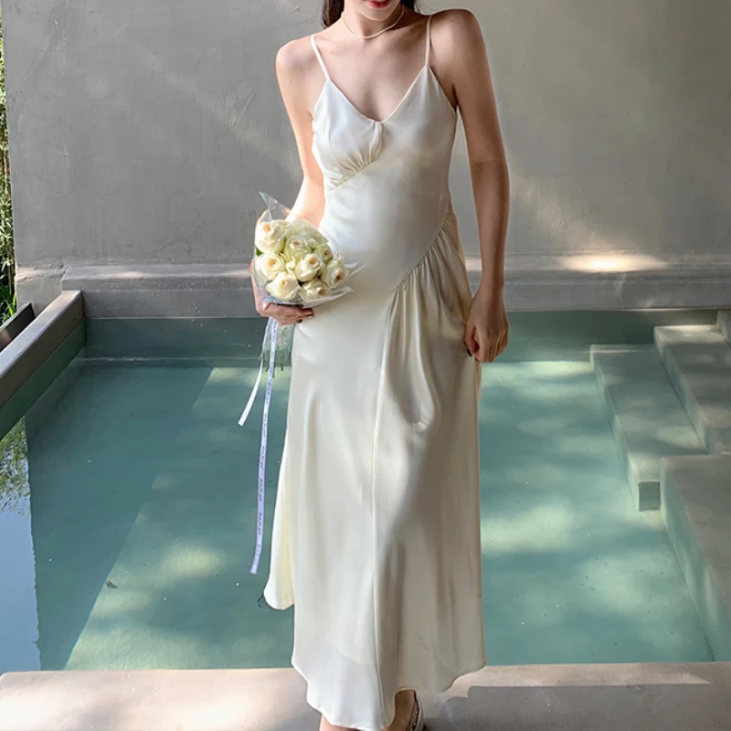 

Women Fashion Chic Spaghetti Strap A-Line Dress Elegant Sleeveless Bodycon Stain Female Solid Long Midi Vestidos Summer