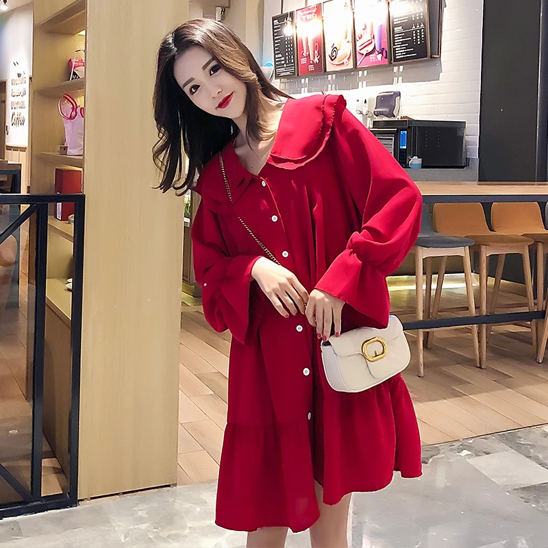 Осеннее платье для беременных женщин двухслойное с воротником Питер Пэн и