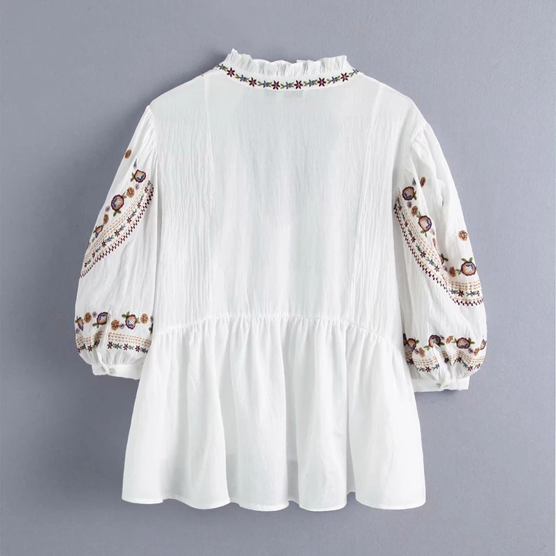 Everkaki Boho вышитые Хлопковые женские рубашки, футболки, топы, однотонные белые женские блузки с коротким рукавом, рубашки, женские топы Осень новинка