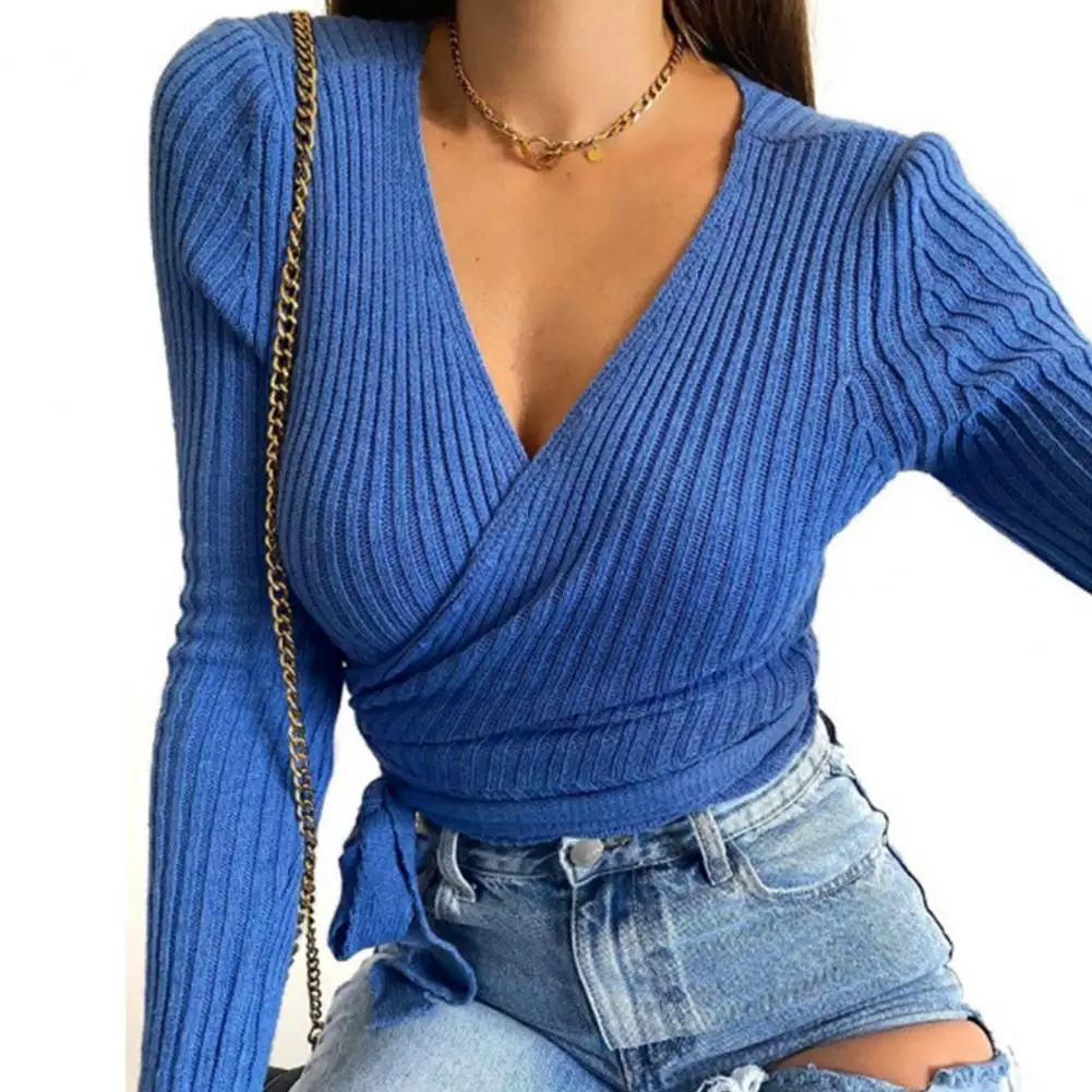 HOT SALES!!! Women Sexy V Neck Wrap Blouse Solid Color Long Sleeve Slim Ribbed Knitwear Top