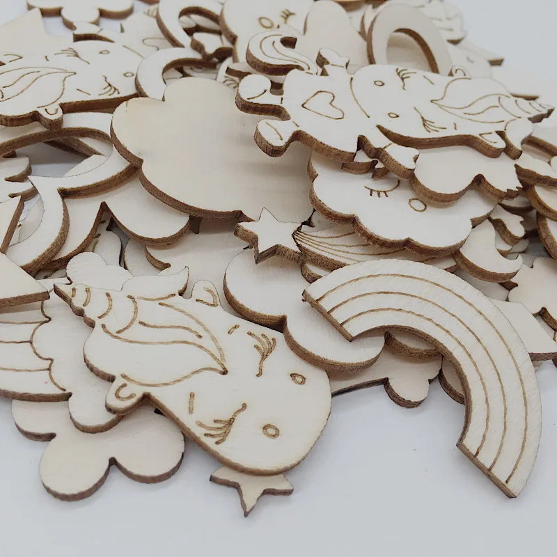 

30pcs Mixed Cute Carton Wooden Embellishments Cartoon Carvings Craft Pieces Wood Ornament for DIY Art