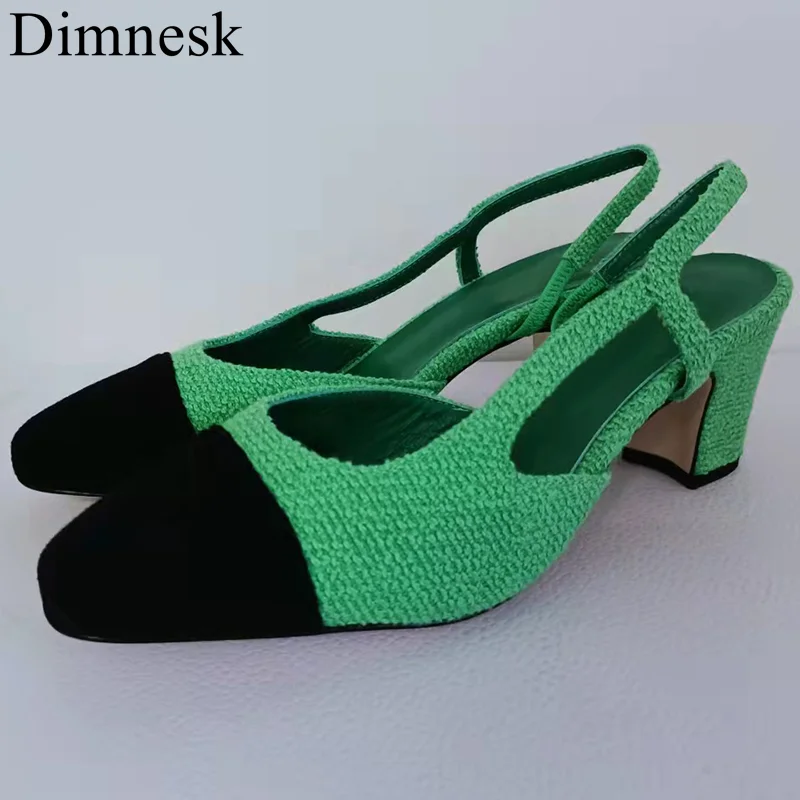 

Chunky High Heel Mixed Color Pumps Women Tweed Cloth Slingback Sandals Spring Summer Comfort Vacation Shoes Loafers For Ladies