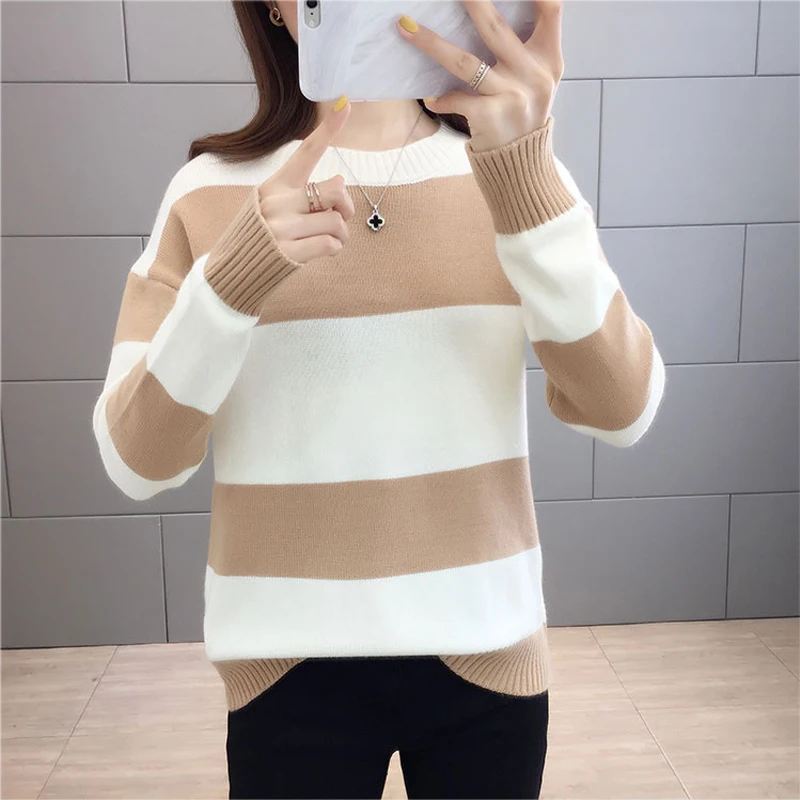 Женский вязаный свитер Lucyever разноцветный в полоску с круглым вырезом и длинными