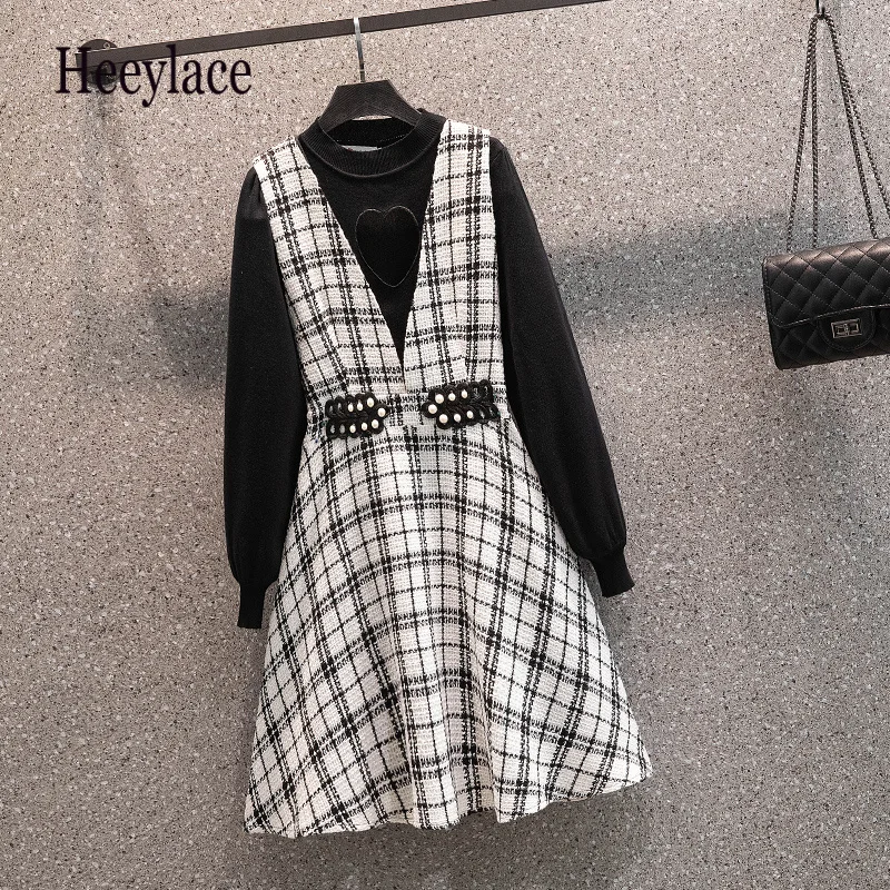 

Women French Vintage Tweed two piece set Korean Casual Black Knitted Sweater And Plaid Vest Dress Suits Outfits