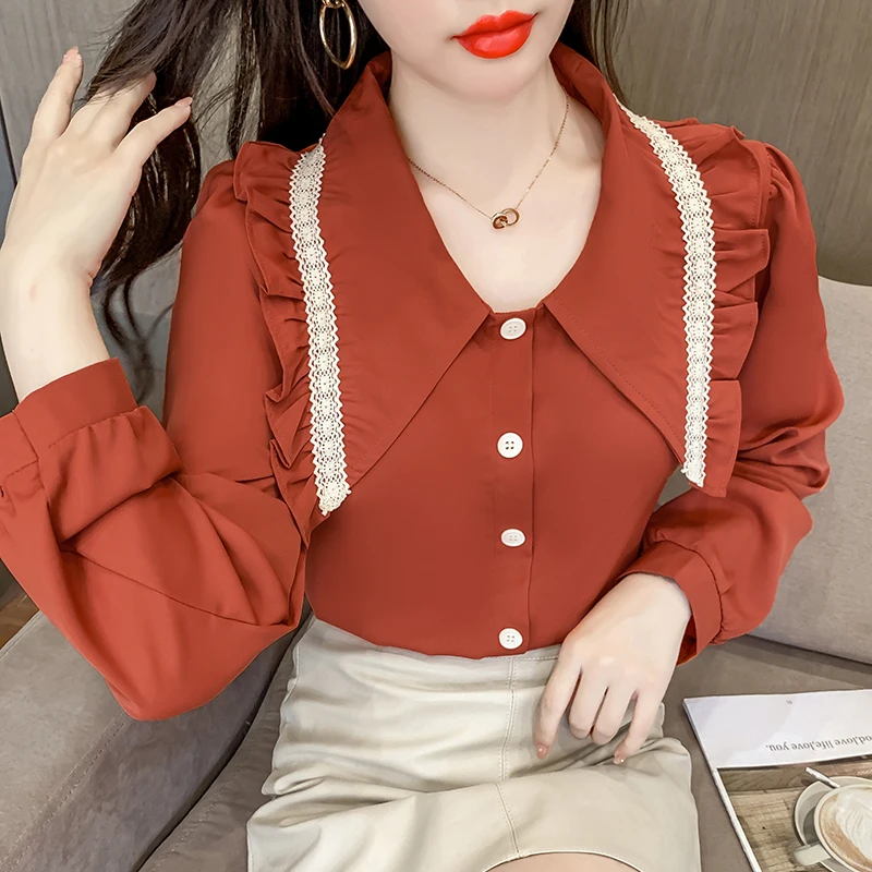 

Chiffon Women's Blouse Doll Collar Girl's Shirt Spring Autumn Long Sleeve Top Casual Fashion Clothing Lady Blusas Houthion