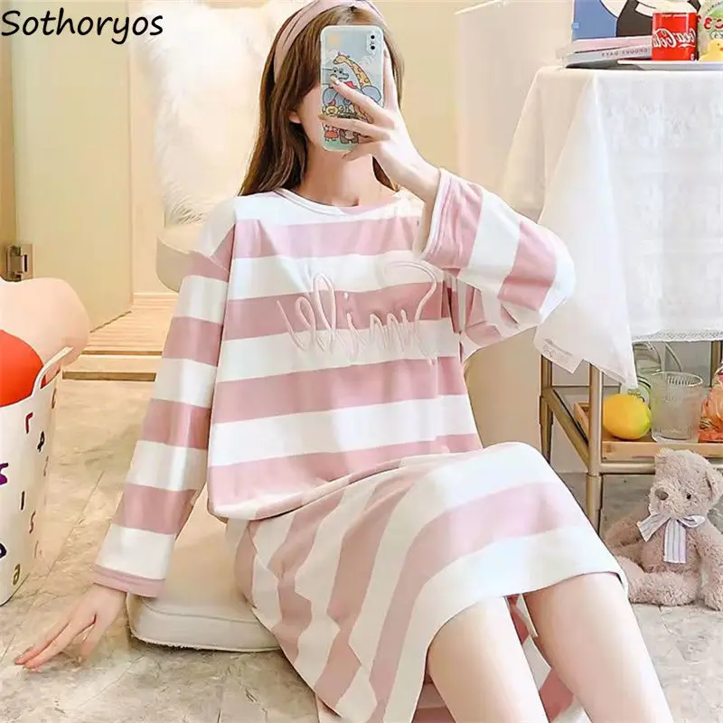 

Striped Sleepshirts Women Thicker Midi Cozy Teenagers Flannel Loose Leisure Trendy Nightgowns Sweet High Quality Females Lounge