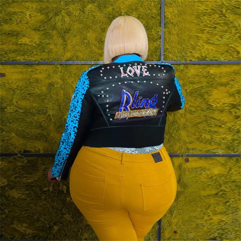 Autumn hot sale rivet leopard print letters stitching street trend motorcycle clothing plus size women's leather clothing