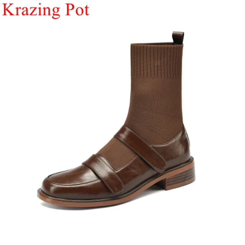 

Krazing Pot 2022 size 40 cow leather round toe stretch boots warm winter shoes vintage zipper solid classics party ankle boots