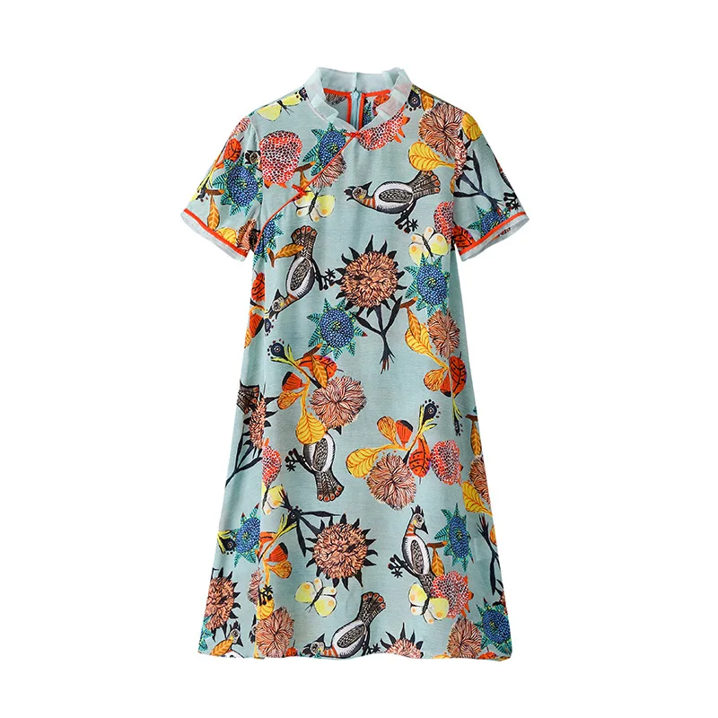 

19209 Fashion New Retro Printing Ethnic Style Mesh Stand Collar Short Sleeve Printing Silk Dress