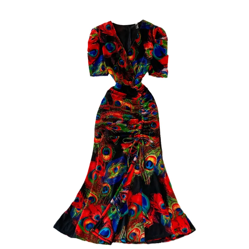 

Drawstring Pleated Dress Women Summer New Feminine Print Cross V-neck Bodycon Dresses Ladies Sexy Midi Fishtail Dress