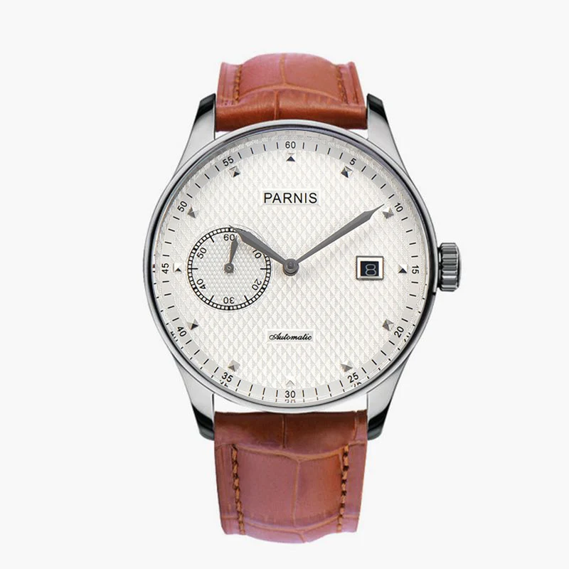 

2021 New Parnis 43mm Automatic Men's Watch White Dial Power Reserve Calendar Leather Strap Mechanical Watches relogio masculino