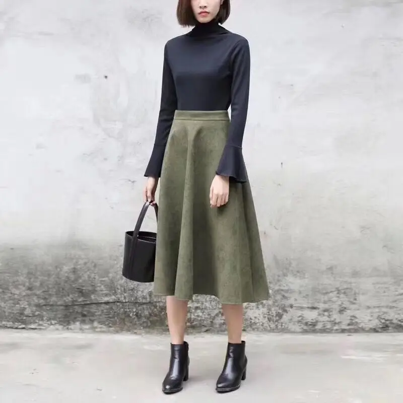 Neophil Women Suede High Waist Midi Skirt 2022 Winter Vintage Style Elastic Ladies A-Line Black Green Flare Fashion Skirt  S29A4