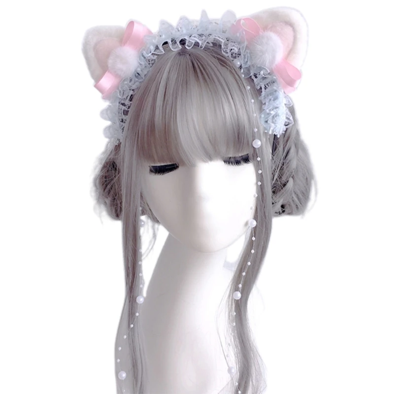 

Lolita Plush Bear Ears Hair Hoop Ruffle Lace Headband with Bow Beaded Anime Fancy Dress Cosplay Hair Accessories