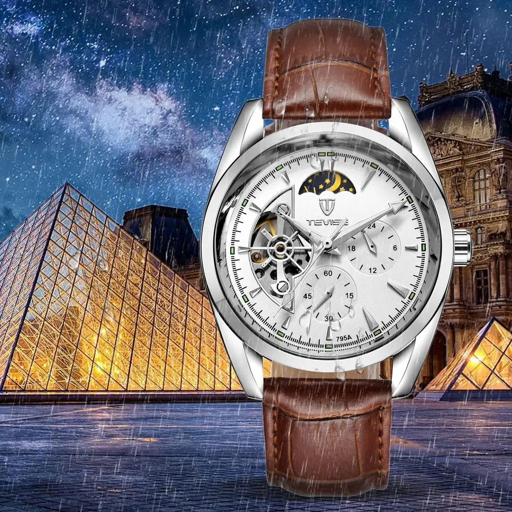 Мужские часы TEVISE с автоматическим кожаным ремешком и турбийоном роскошные