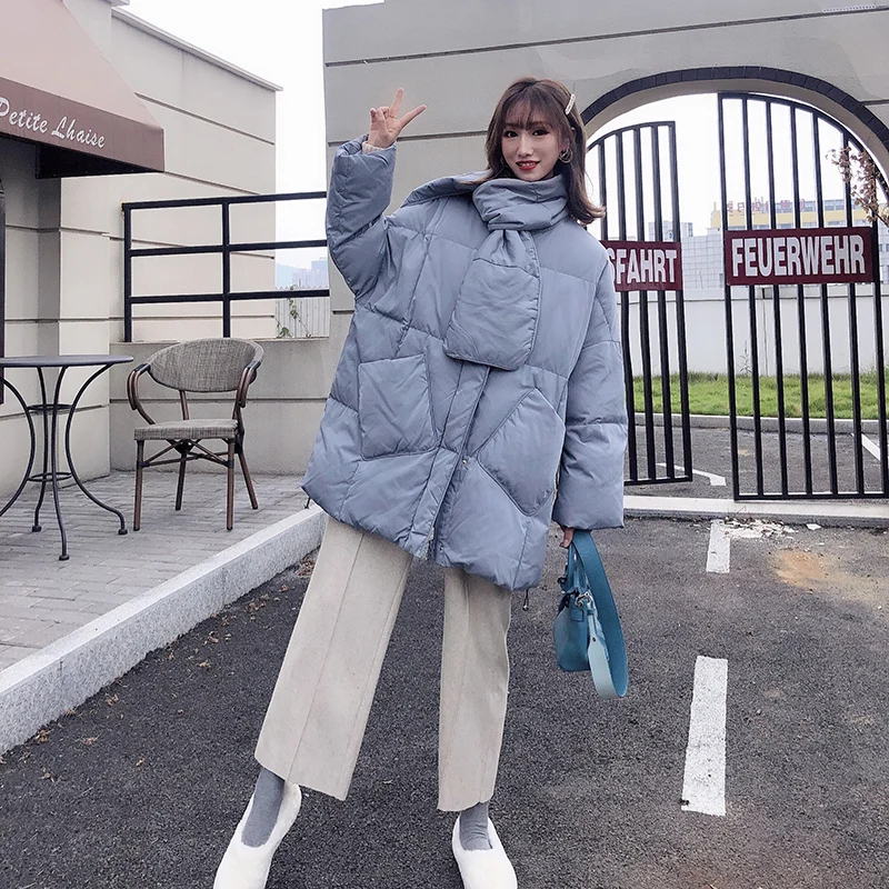 Корейский стиль 2019 зимний свободный Soild пуховик с шарфом теплая Женская