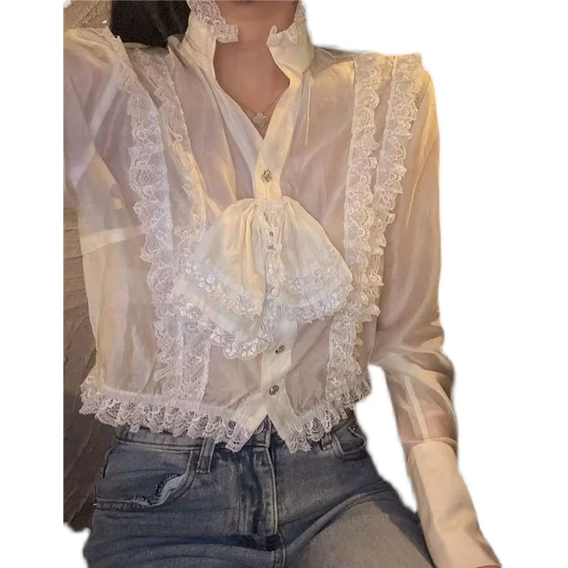 

ZAWAHIKI Korean Vintage Elegant Women's Shirt Spring Stand Neck Single Breasted Long Sleeve Lace Bow Design Tops Short Blouse