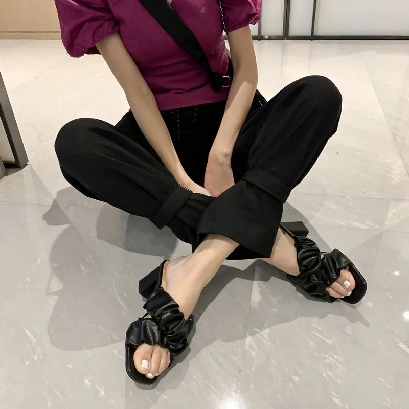 

Spring Summer Women slippers Fashion High Heels Pumps Female Genuine Leather Open Toe Sadnals Party Shoes Woman size 41 42