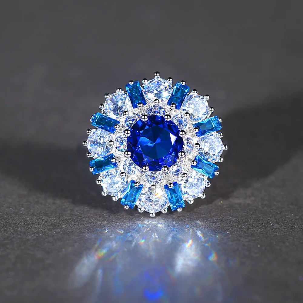 

Clearance sale Women's Fashion Flower Style Blue White Zircon Silver Color Ring Size 6 7 8 9 Nice Gift Gorgeous Jewelry Gift