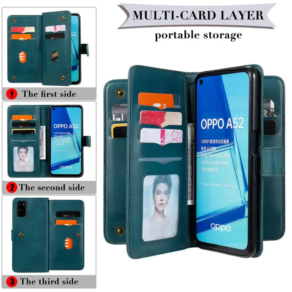 

For OPPO A52 A72 A92 A8 A31 A9 2020 A52020 A12 A7 A5S A5 A3S New 10 Card Multifunctional Flip Wallet Leather Case Phone Cover