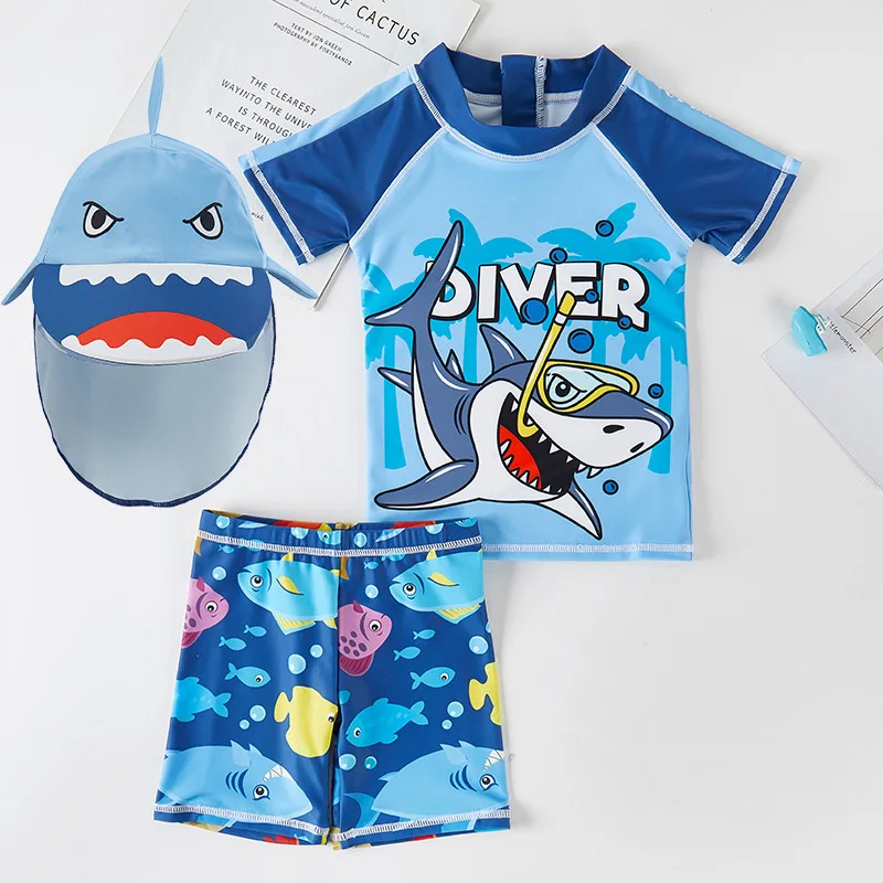 3 Pieces Dinosaur Swimsuit Beach Shade Children Boy Cartoon Swim Suit Sunblock Costume With Cap Kids Boys Swimwear 1-8Y Swimming