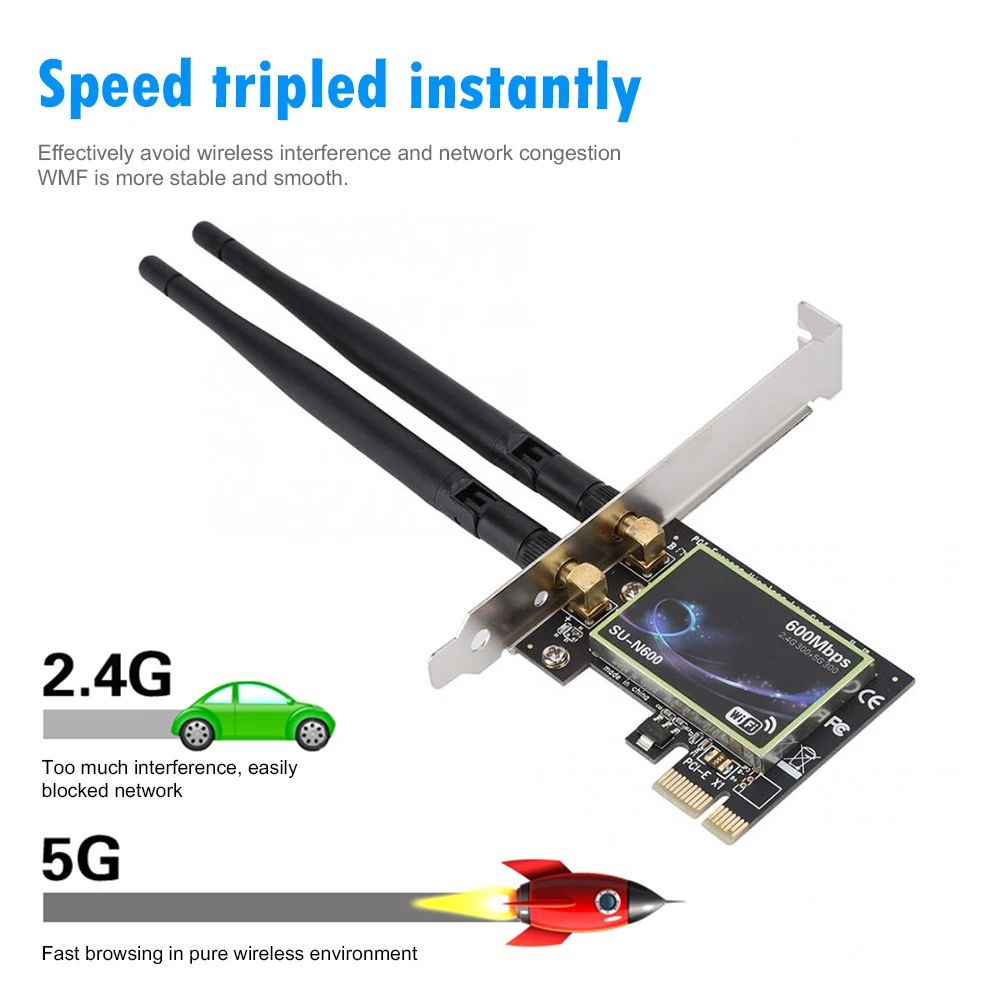 SU-N600 Dual Band 600Mbps PCI-E Wireless Network Card 2.4G/5GHz PCI Express Gigabit Ethernet Adapter for Desktop Computer
SU-N600 Dual Band 600Mbps PCI-E Wireless Network Card 2.4G/5GHz PCI Express Gigabit Ethernet Adapter for Desktop Computer