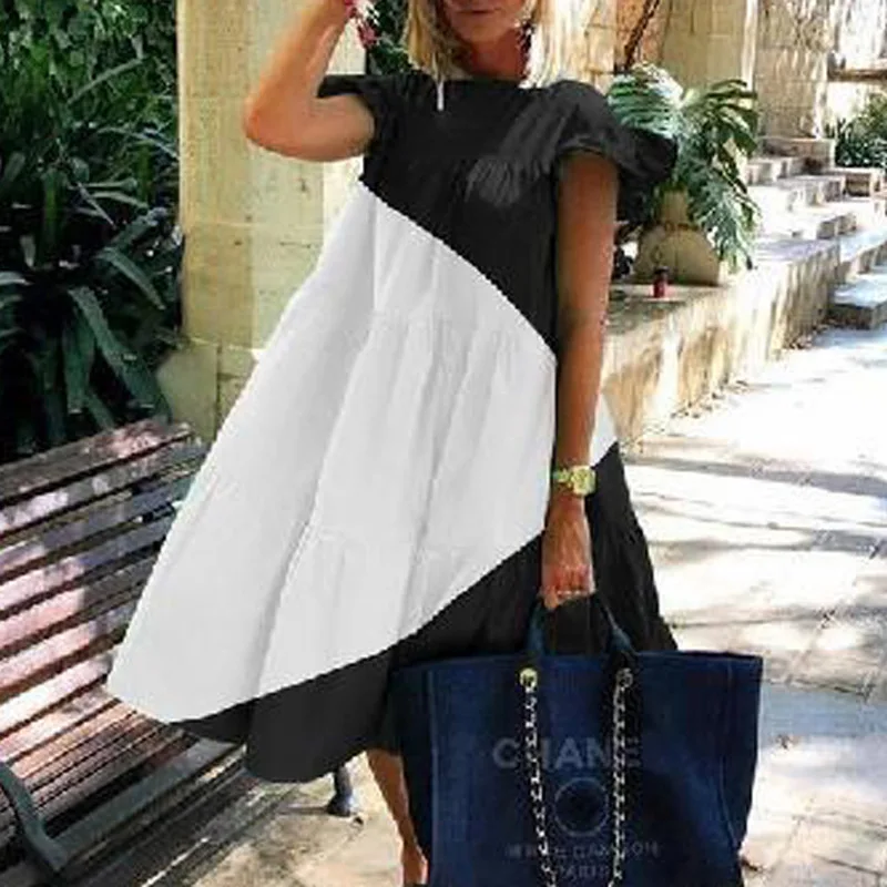 Летнее женское милое свободное платье с круглым вырезом и коротким рукавом