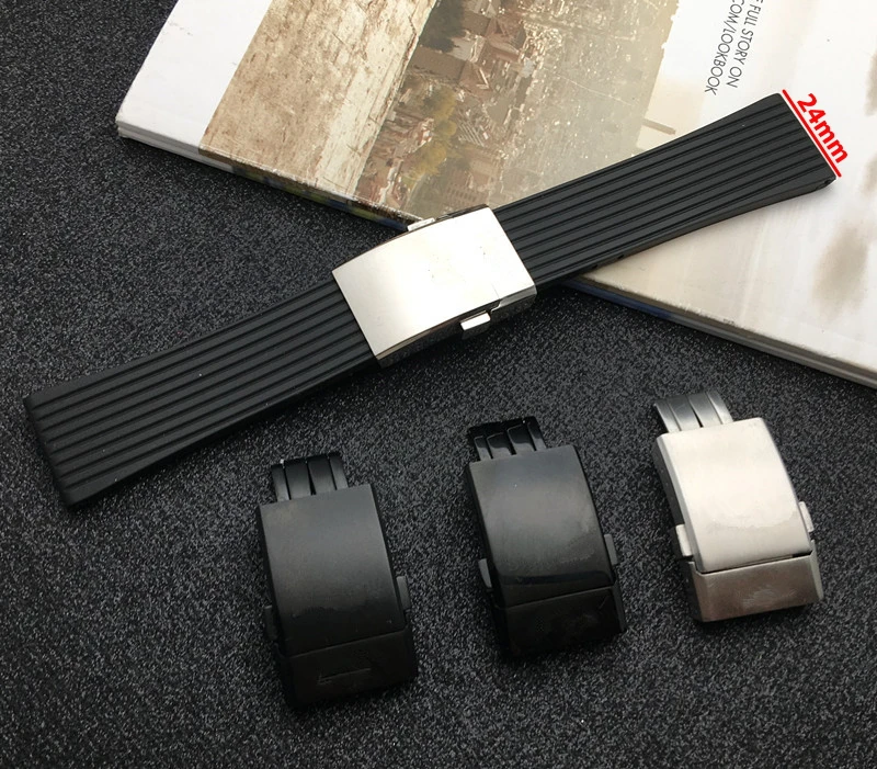 Черный высококачественный мягкий силиконовый резиновый ремешок для часов 24 мм