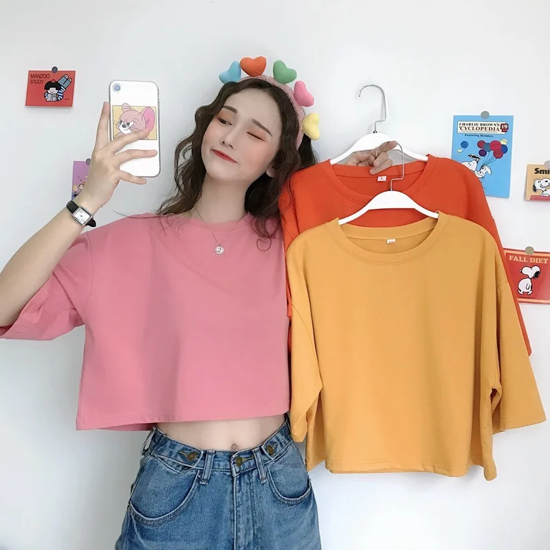Футболка женская с круглым вырезом Модный повседневный свободный кроп топ