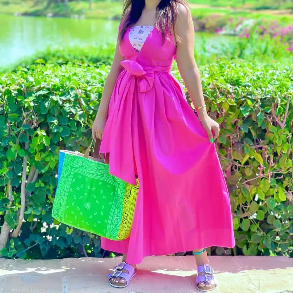 

BBWM 2021 New Summer Women Vintage Elegant V-Neck Rose Red Dress Female Casual Fashion Streetwear Bow Backless Long Dresses