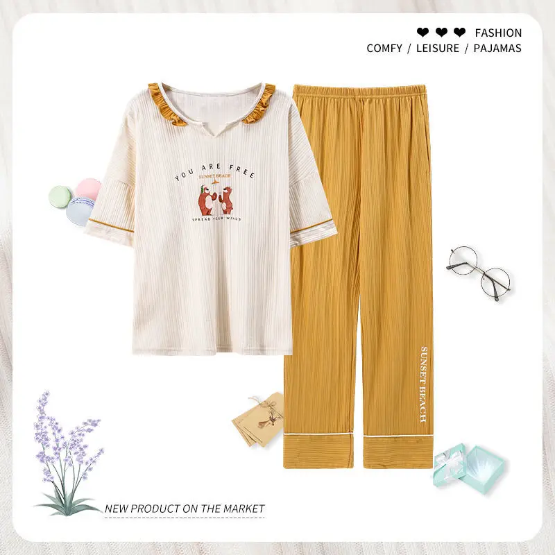 Summer Pajamas Women Loose 2021 New Short-sleeved Trousers Suit Spring and Autumn Models Can Be Worn Outside Home Clothes